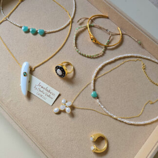 Collana con pietre amazzonite, corno bianco, bracciali e anelli,