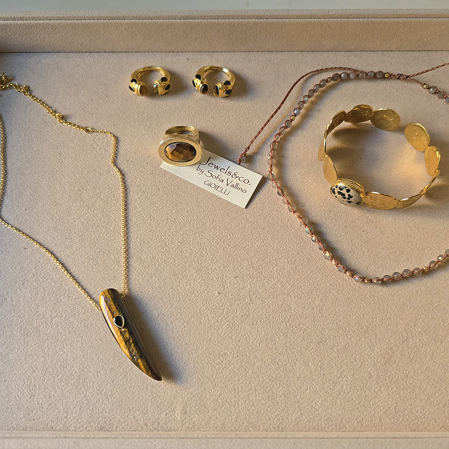Collana corno occhio di tigre, Collana labradorite, bracciale e anello
